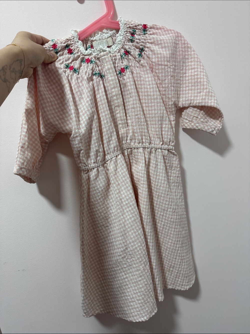 Girls Light Pink Gingham Smocked Dress with Floral Detail